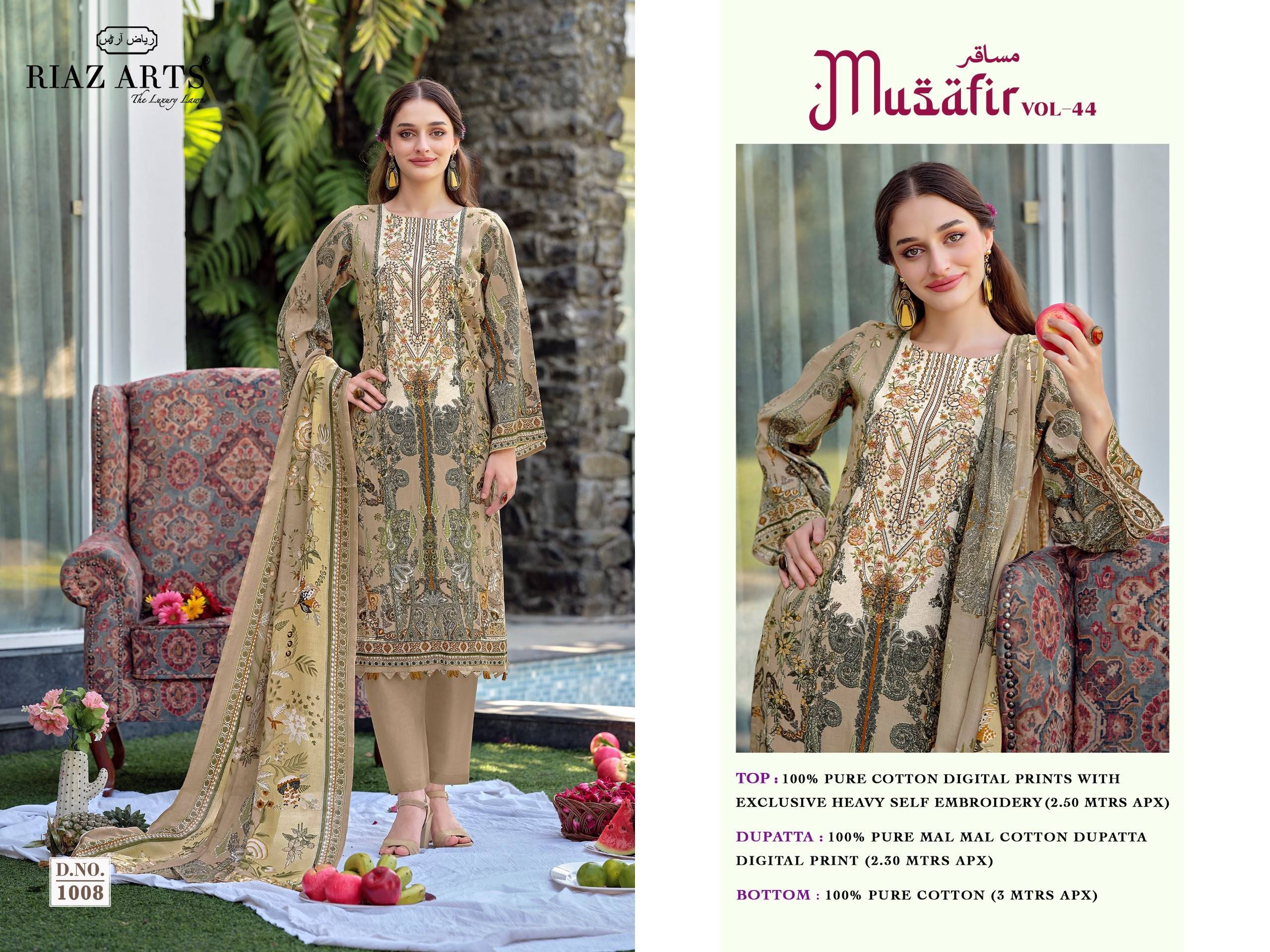MUSAFIR VOL-44 By RIAZ ARTS 1001 To 1008 Series Beautiful Festive Suits Stylish Colorful Fancy Casual Wear Pure Cotton Dresses At Wholesale Price